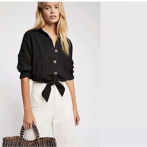 Free People  Sunstreaks Tie Front Shirt Top Black